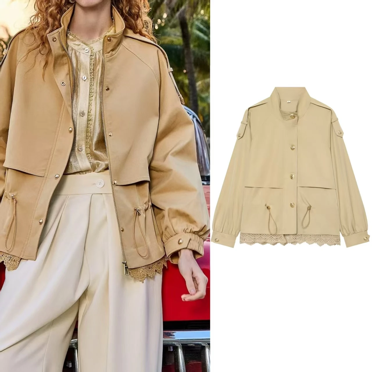 Guobioziy 2026 Women's Fall New Arrival Jacket Khaki Long Sleeve Lace-Trim Loose Jacket Parka Casual Fashion