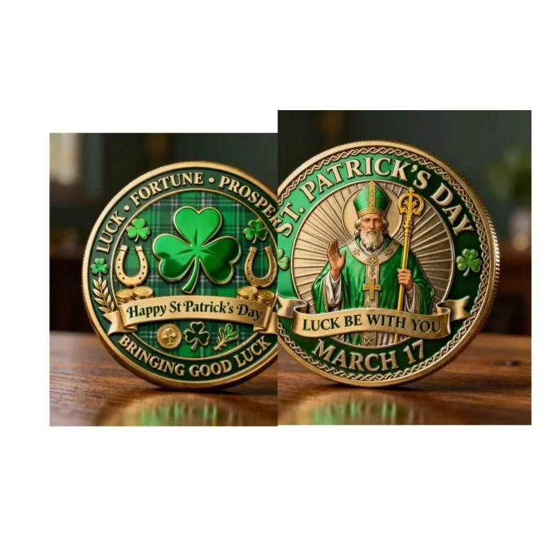 St Patrick's Day Lucky Coin - Double-Sided Enamel Plated Shamrock Collectible, Irish Luck Amulet, March 17 Festival Gift