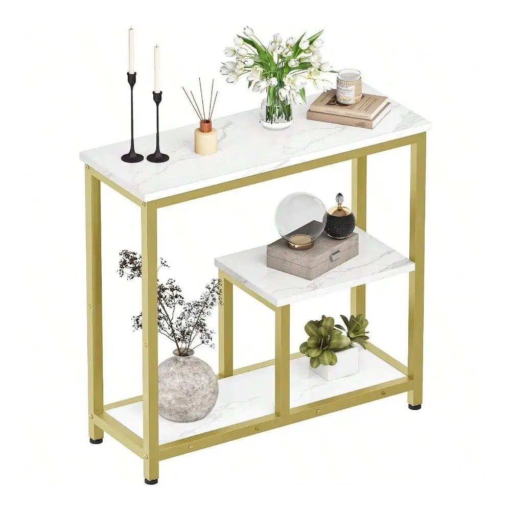 

Console Sofa Table 3 Tier Hallway Table Open Storage, Marble Veined Table Top, Metal Frame, Entryway, Foyer, Marble White And G