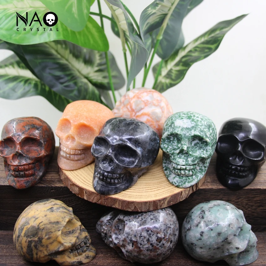 

3 Inch Skull Statues Carved Gemstone Head Cranium Figurine Halloween Decoration,Healing Crystal Home/Office/Room Decor Gifts