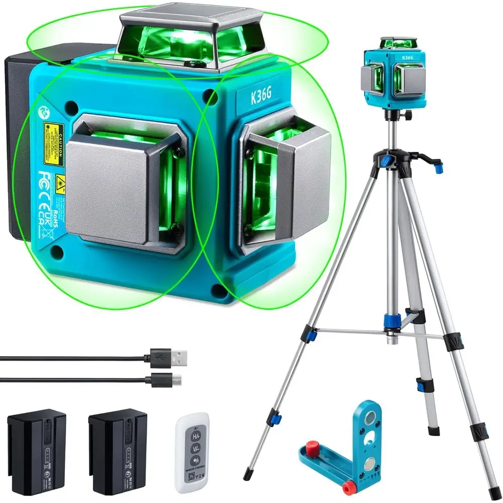 

Laser Level with Tripod,3 x 360 Self Leveling Laser Level, Green Line Laser 3D Laser Leveler Tool with 2 Rechargeable Batteries,