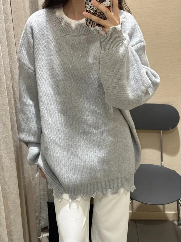 

ey Irregular Destroyed Knitwear Lazy High-End round Ne Men's Autumn Winter Sle Chic Korean System Loose Fit Comfortable...