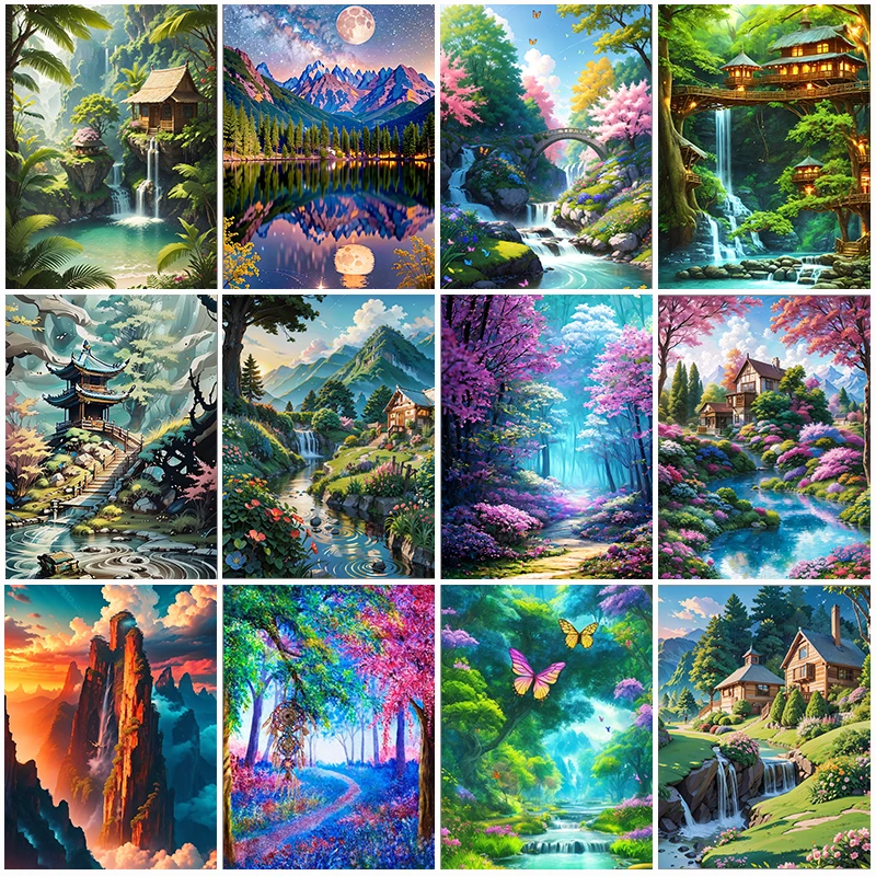 5D DIY Diamond Painting Nature Scenery House Building Mosaic Diamond Embroidery Painting Full Round Diamond Home Decor Gift