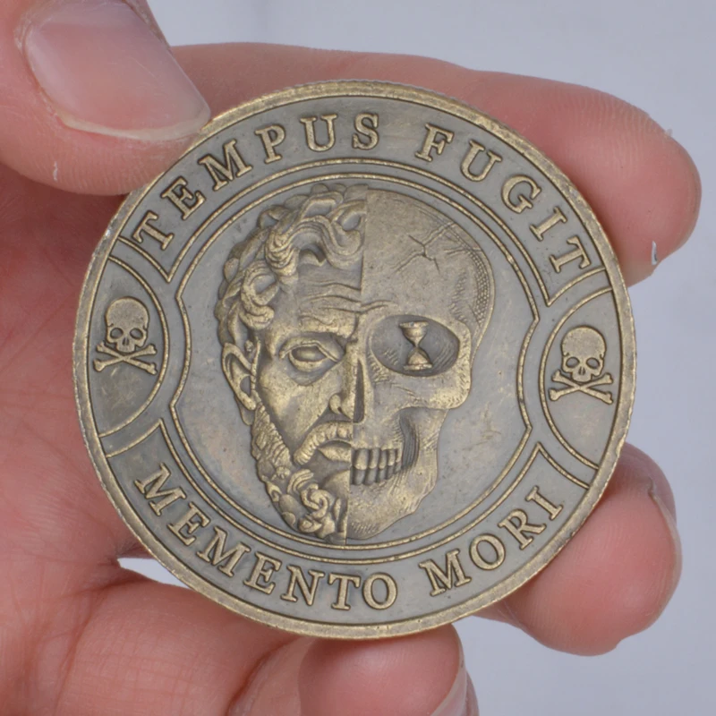 عملة جمجمة معدنية عتيقة ، تذكّر تحمل عملات معدنية ملهمة ، وقتك محدود ، TEMPUS foodit ، تذكار موري