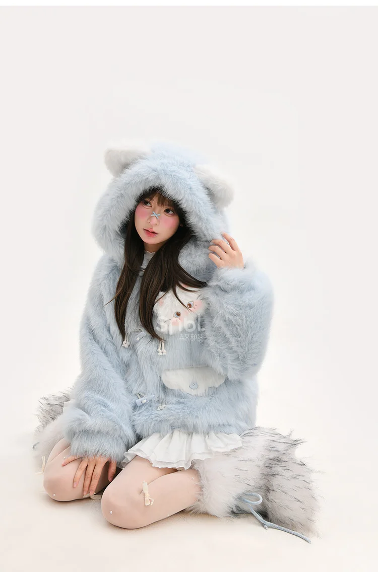 2025 Winter New Soft Girl Sweet Cute Cat Loose Buttoned Blue Thickened Warm Casual Comfortable Hooded Padded Jacket