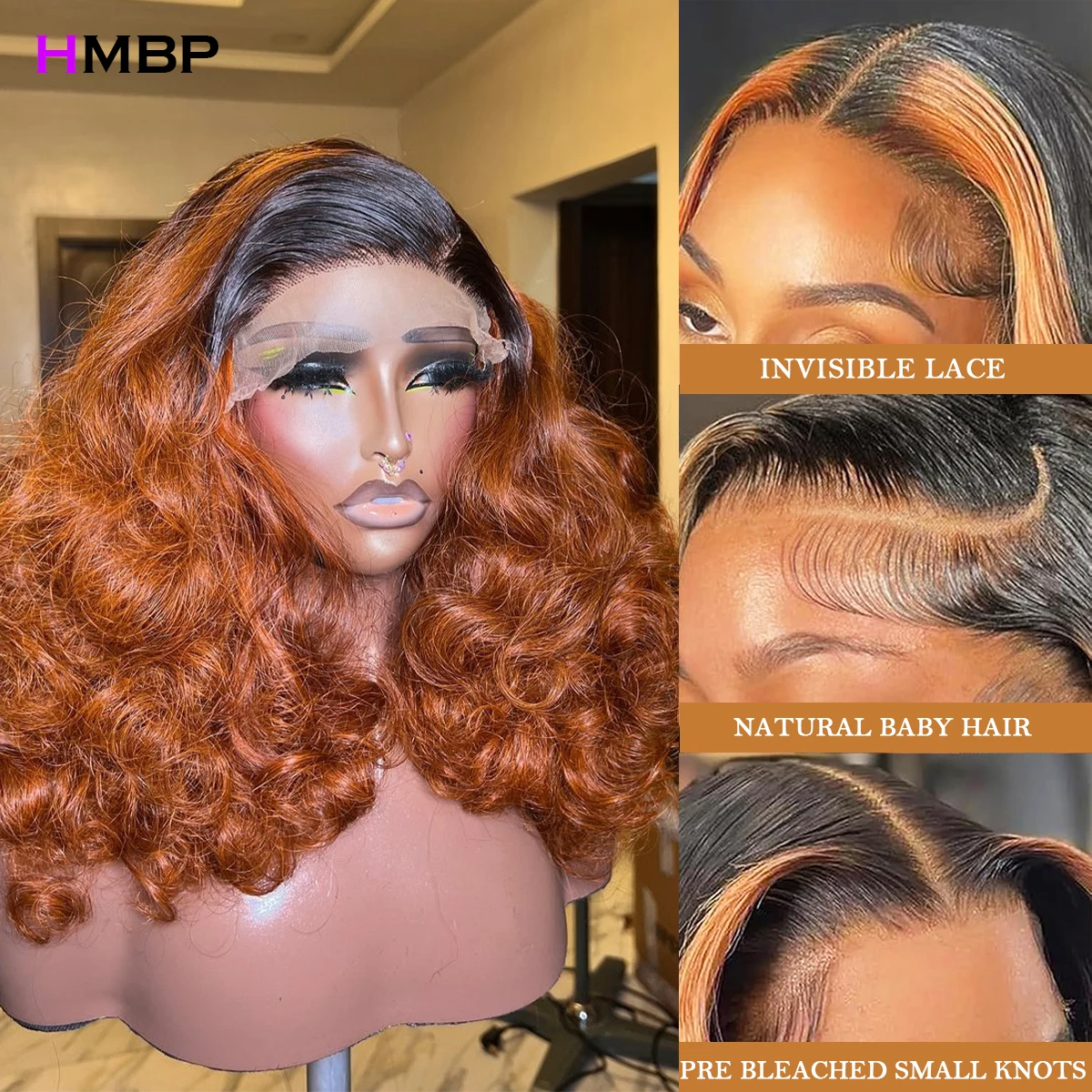 Ginger Orange 450 Density Loose Wave 100% Human Hair 13x6 Hd Lace Frontal Wig Ombre Colored Bouncy Curl HD Transparent Lace Wigs