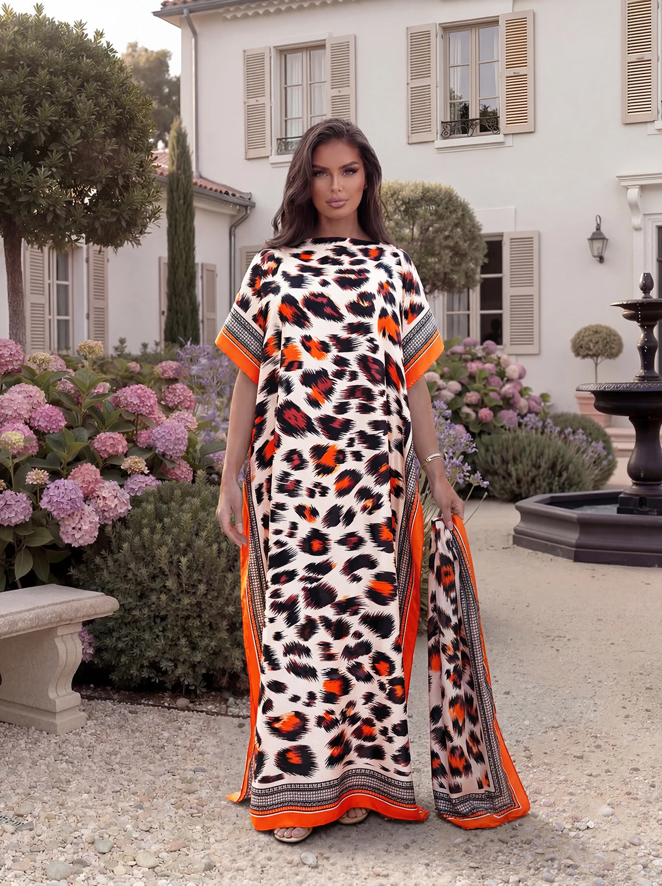 Leopard Print Ethnic Border Satin Abaya Scarf Set, Loose Batwing Maxi Kaftan For Muslim Women Summer Beach Vacation Wear view 6