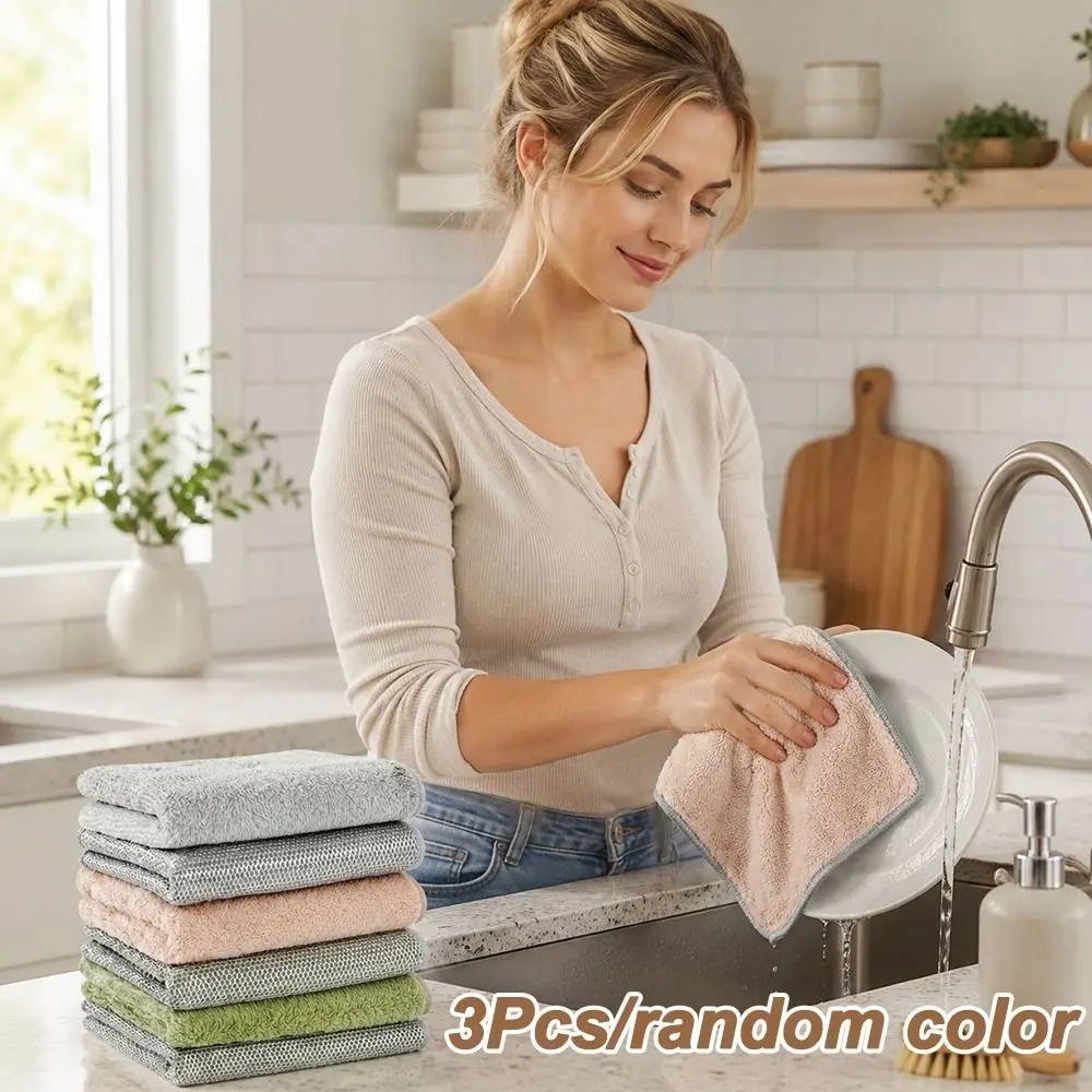 3Pcs Portable Silver Thread Dish Cloth Reusable Washable Pot Pan Scrubber Double Sided Remove Oil Dish Rag Kitchen Supplies