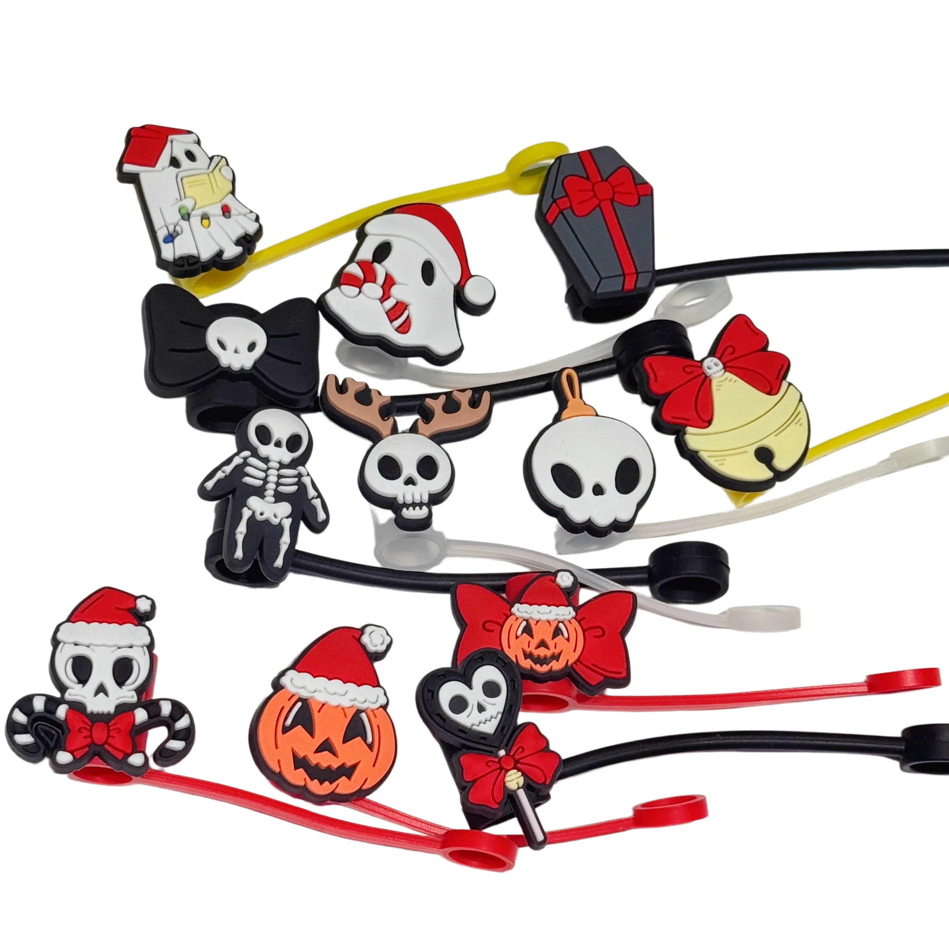 1-12Pcs Pumpkin Skull Bell Ghost Straw Cover Cap For Stanley Cup Reusable 10mm Silicone Straw Topper Compatible 30&40 Oz Tumbler
