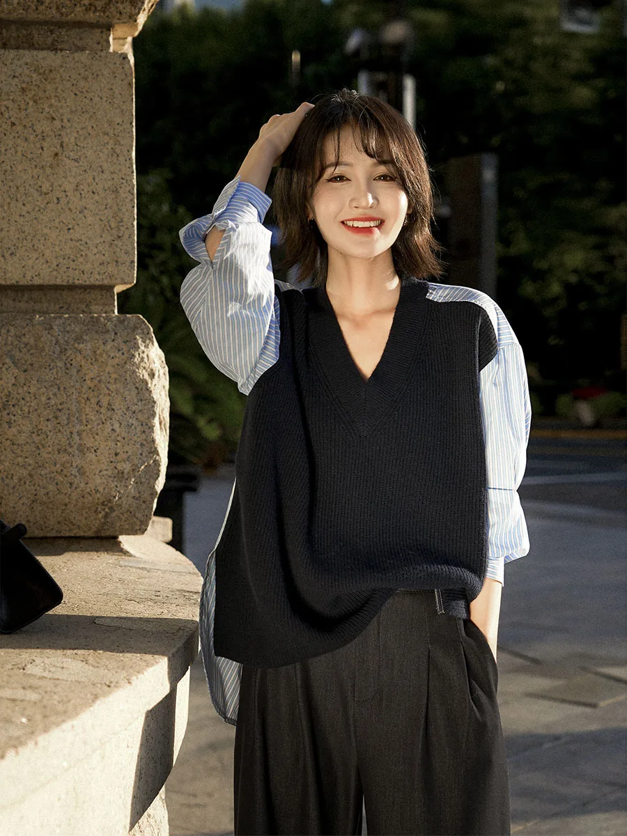 

Wool Camere V-ne Knitted Top Women's New Splicing Quali Cotton Loose Fit Regular Sve Long Sve Simple Sle