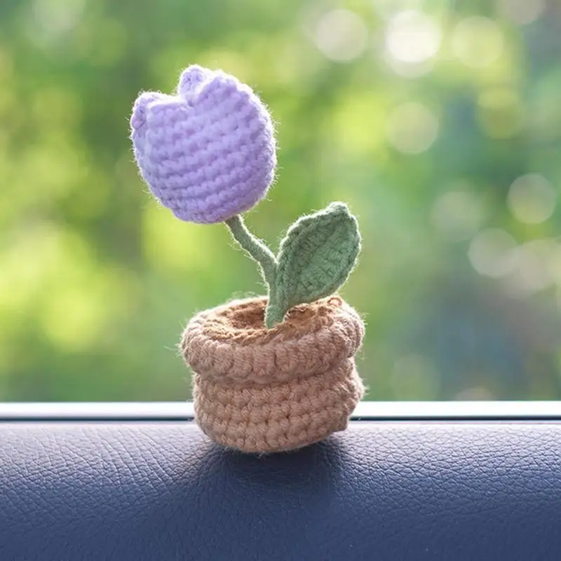 Plantas de crochê fofas, enfeites de flores para painel, acessórios estéticos de interior de carro, 12cm/0,39 polegadas, pequena planta em vaso
