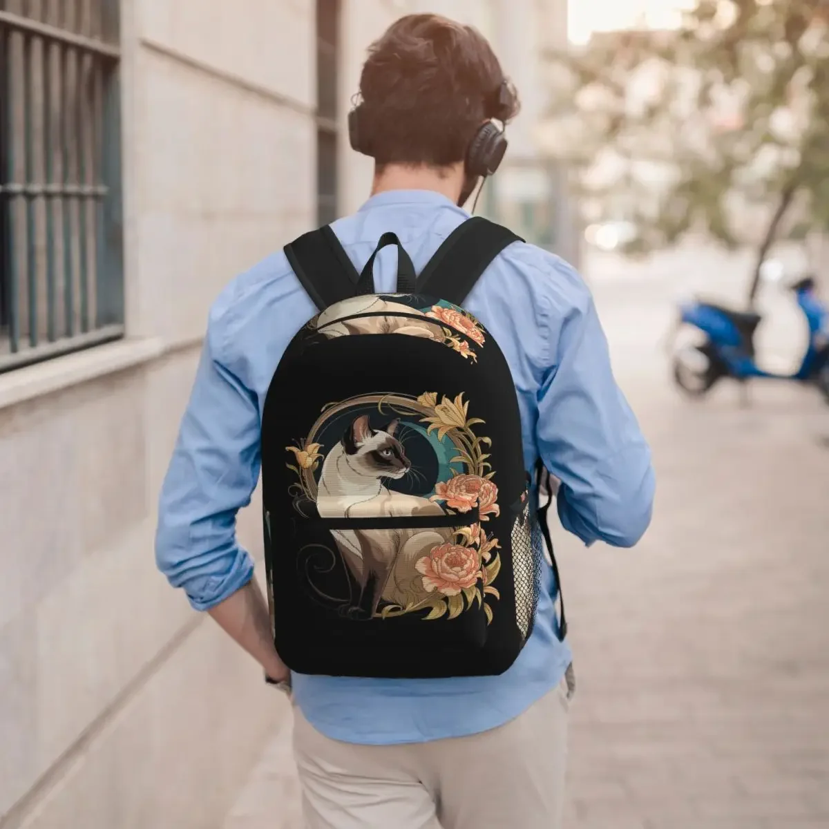 Siamese Cat In Beautiful Floral Student Backpack School Bag Hiking Travel Daypack for Boys Girls Bookbag Shoulder Bags