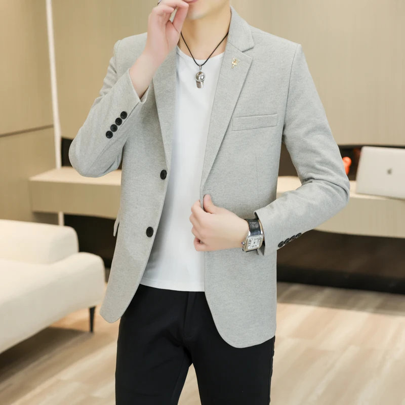 

20205 Мужской облегающий однотонный деловой костюм в корейском стиле, повседневная модная куртка на весну и осень, модный