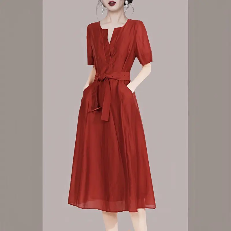 

Red V-neck super good-looking dress women's medium and long summer 2025 new waist and high A-shaped skirt