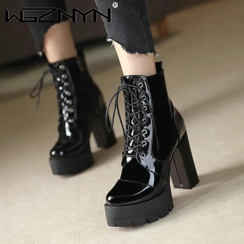 2026 grosso de salto alto feminino botas de tornozelo de couro de patente dedo do pé redondo rendas-up zíper bota curta feminina gótico sapato botas mujer