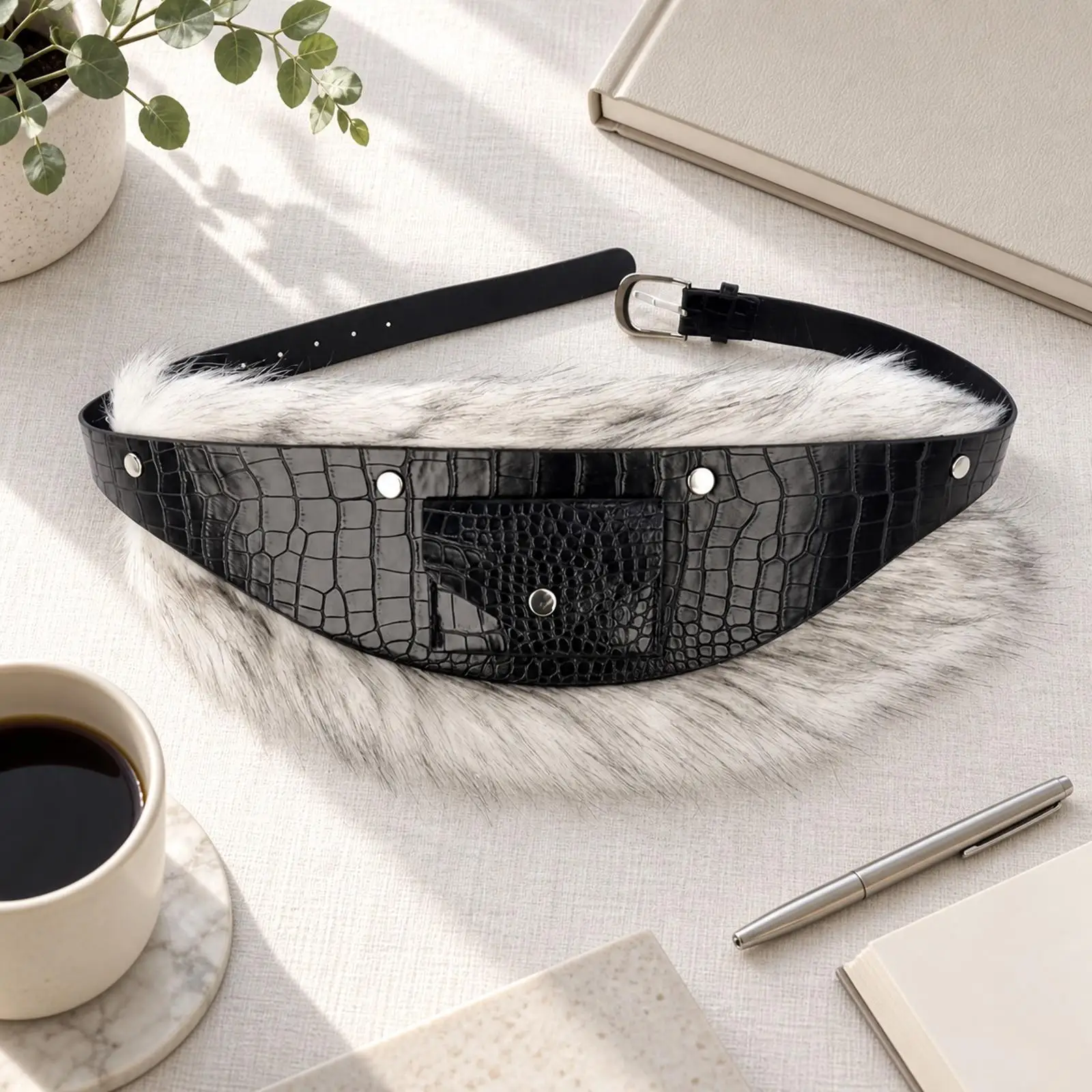 faux-leather-furry-waist-belt-for-women-designer-inspired-crocodile-textured-strap-with-buckle-pocket-for-casual-dress