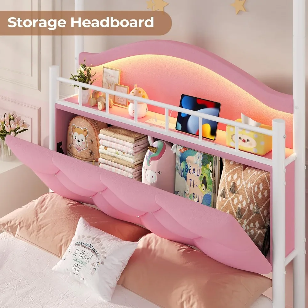 إطار سرير مزدوج المظلة مع أضواء LED ومحطة شحن، سرير بمنصة منجدة مخملية للفتيات، لوح رأسي مع Ch