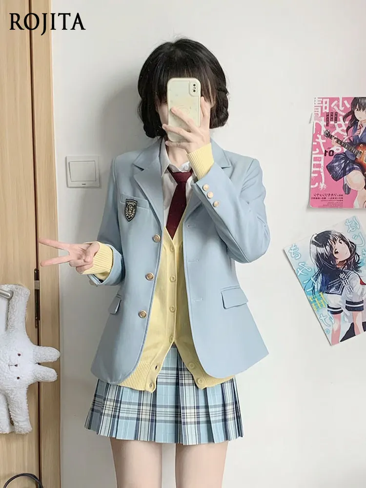 Preppy Light Blue JK Blazer Women College Uniform Suit Jacket Embroidered Badge Slim Notched Lapel Outerwear