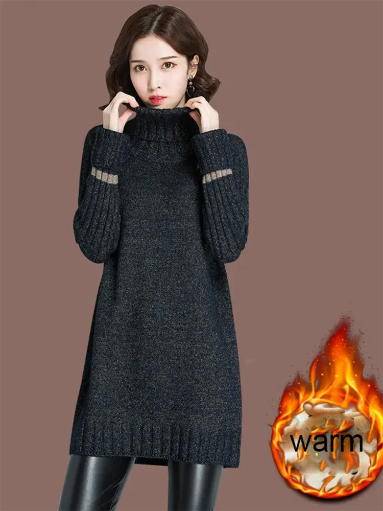 

Fleece-lined Turtleneck Mid-length Knitted Sweater Thickened Women's Casual Baggy Jumper Korean Fashion Loose Knitwear Pullover