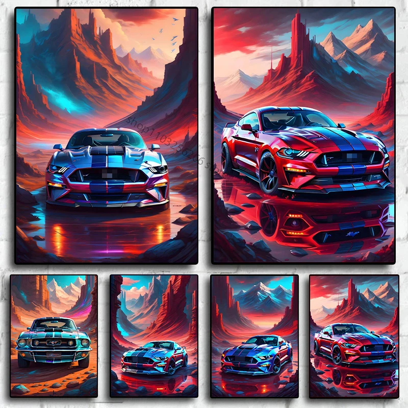 Colorful Supercar Fords Mustang Shelby GT500 Red Car Modern Canvas Paintings Wall Pictures Living Room Decor Posters and Prints