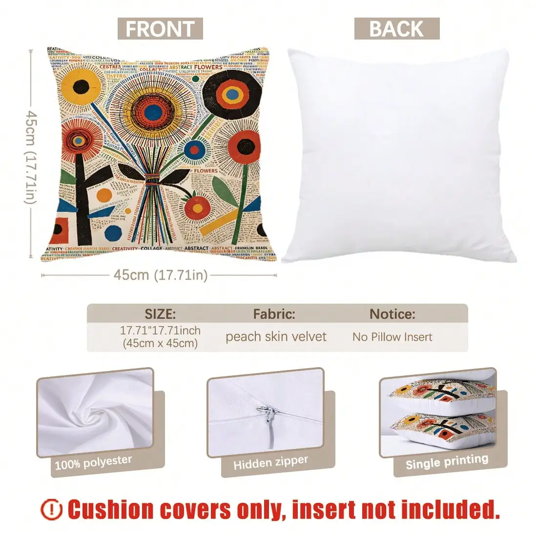 4pcs Vintage Bohemian Creative Text & Floral Print Pillow Covers [No Pillow Insert], 17.7*17.7in(45*45cm)/19.69*19.69in(50*50cm)/15.75*15.75in(40*40cm), [Single-Sided Print], Made Of Polyester, Modern Art Text & Vibrant Floral Throw Pillow Cases For Sofa