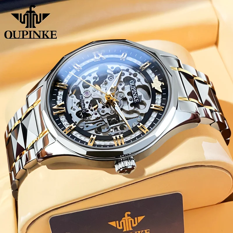 OUPINKE 3209 Men\'s Watches 5Bar Waterproof Skeleton Roman Numeral Dial Original Fully Automatic Mechanical Wrist Watches for Men