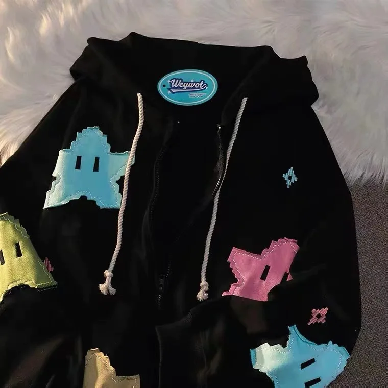 

2024 New Cartoon Hooded Stier Sweatirt Open Cardigan Jaet New Sto Loose Fit Long Sve No Collar Casual Wear