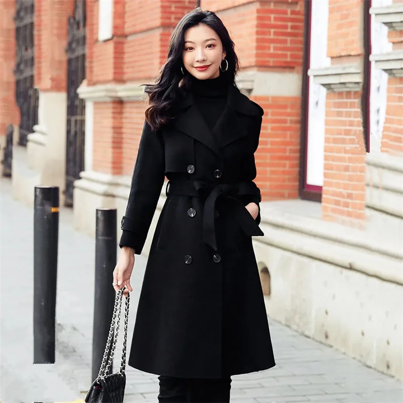 

Fashion Black Woolen Coat Women Wool Overcoat New Female Autumn Winter High-end Hepburn Woolen Coats Ladies Mid Length Outcoat