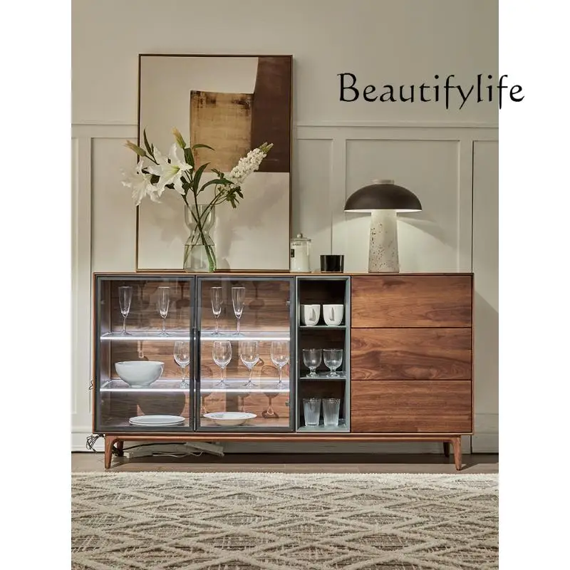 Italian Minimalist Black Walnut Solid Wood Sideboard European Entry Lux Wine Cabinet Modern Minimalist Locker