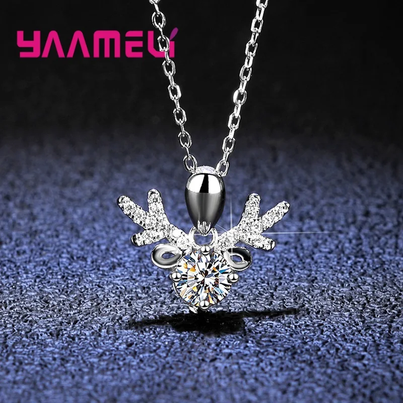 Popuar Christmas Day New Year Gift Jewelry Sparkling Rhinestone 925 Sterling Silver Deer Pendant with Rolo Chain Necklace