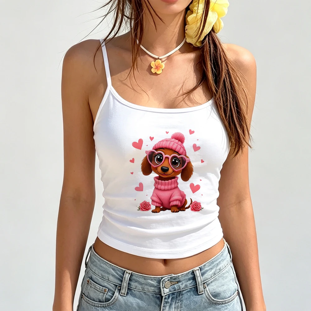 Women Cute Puppy Dog Camisole Top Casual Heart Glasses Printed Sleeveless Vest Summer Harajuku Rose Floral Tank Top