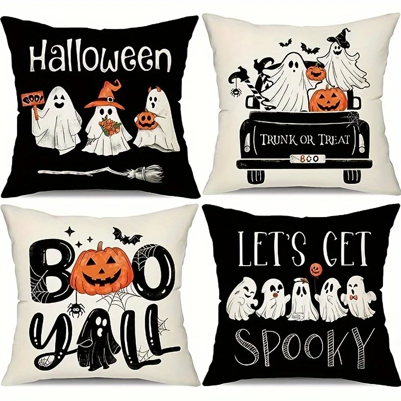 4pcs Halloween Pillow Covers 18x18 Inch Set Of 4 Black And White Ghost Pumpkins Decoration Outdoor Pillow Cases Black Throw Pill