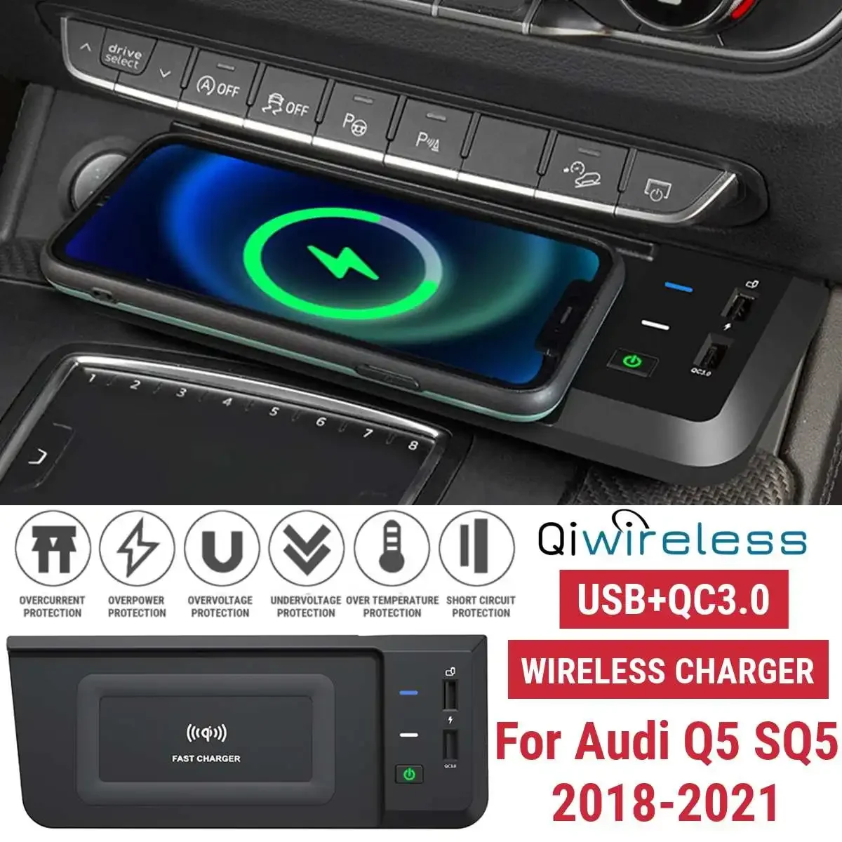 

15W Wireless Charging Pad for Q5 SQ5 2018 2019 2020 QI charger USB+ QC3.0 quick charge phone holder mount car accessories