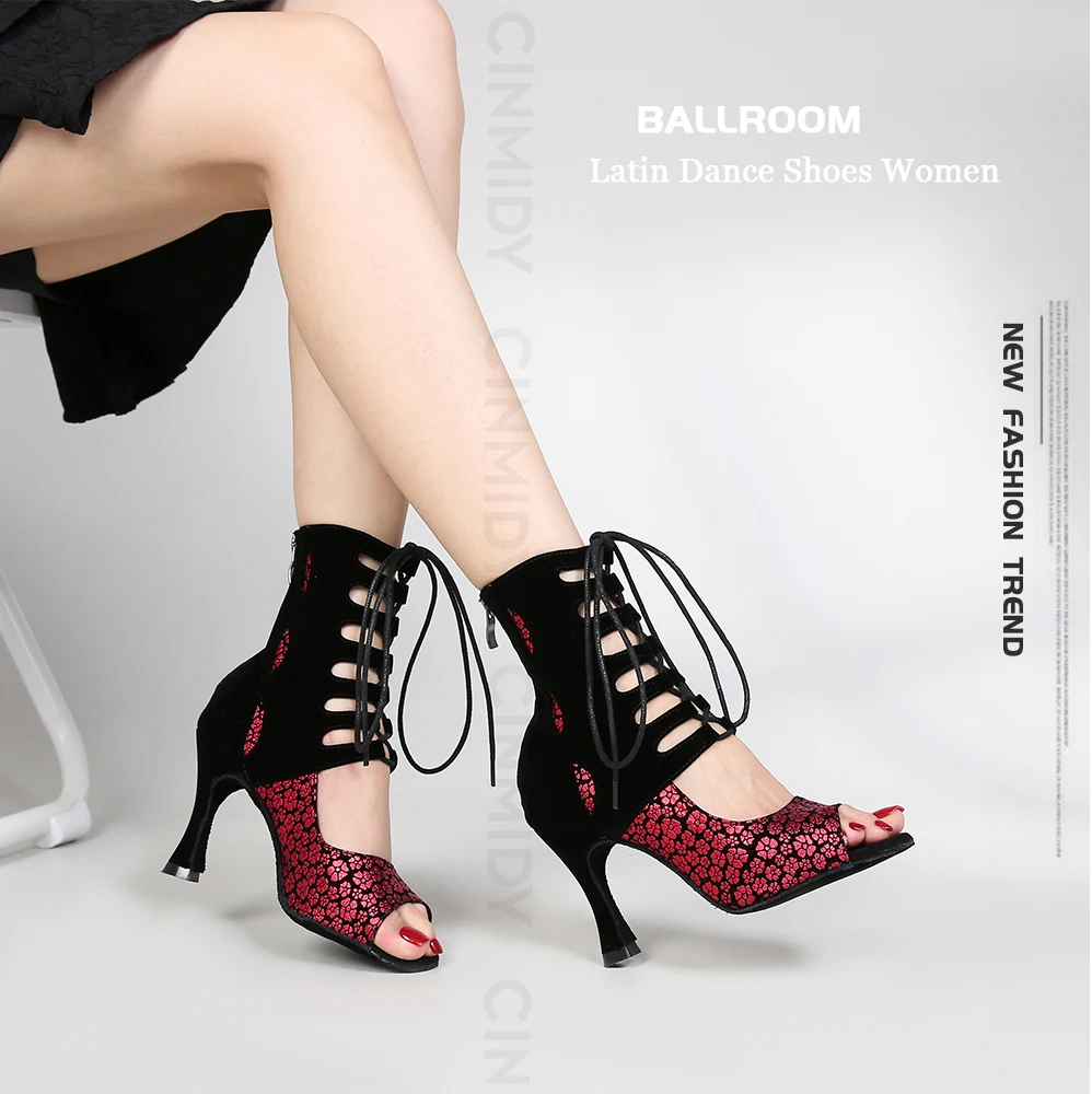 CINMIDY Party-Stiefel Damen Sexy Stilettos High Heels Ballsaal-Tanzschuhe Latein-Tanzschuhe Tango Pole Dance Stiefel Kubanischer Absatz – Detail 1