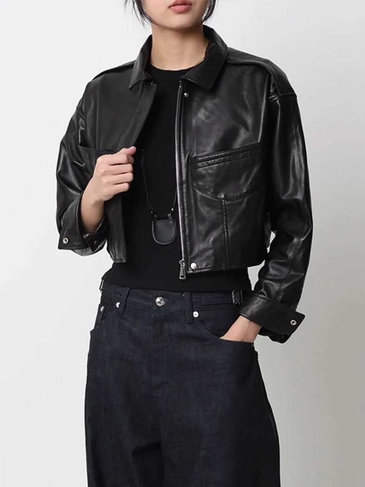 Lady's Spring Black Genuine Sheepskin Leather New Design Short Jacket Coat Autumn Slim Real Leather Overcoat