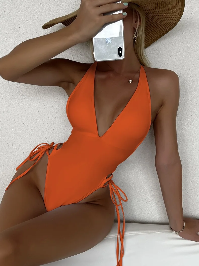 Trajes de baño sexy con cuello en V profundo para mujer Traje de baño modesto adelgazante de una pieza Trajes de baño con cordón de bloque de color