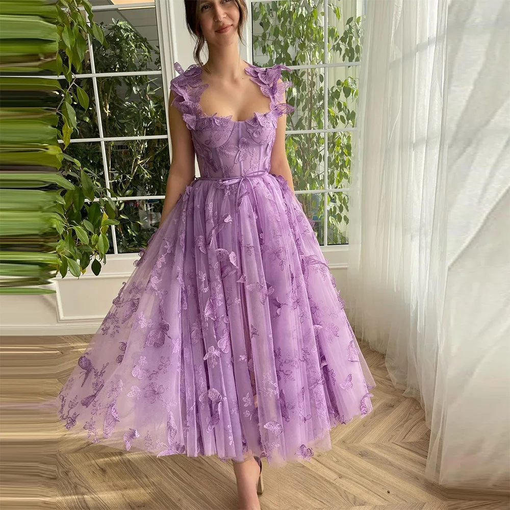 Sevintage Lavender Butterfly Lace Appliques Prom Dresses Sweetheart Sleeveless Tea-Length A-Line Evening Gowns Party Dress 2023