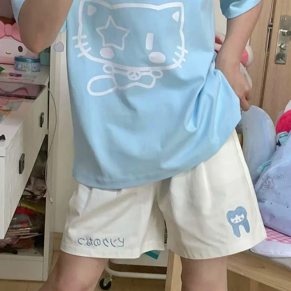 

Спортивные шорты в корейском стиле, свободные спортивные штаны длиной до колена, Harajuku, летние женские шорты с эластичной резинкой на талии, вышивка, мультфильм Kawaii