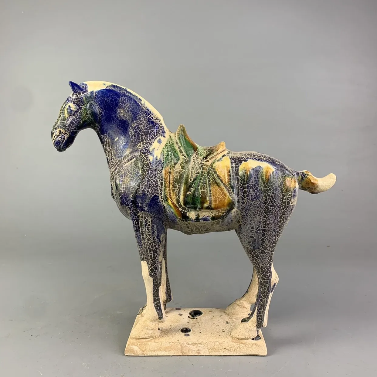 Chinese Tang Tri-Color Glazed Ceramics Blue War Horse Porcelain Statue 8.11
