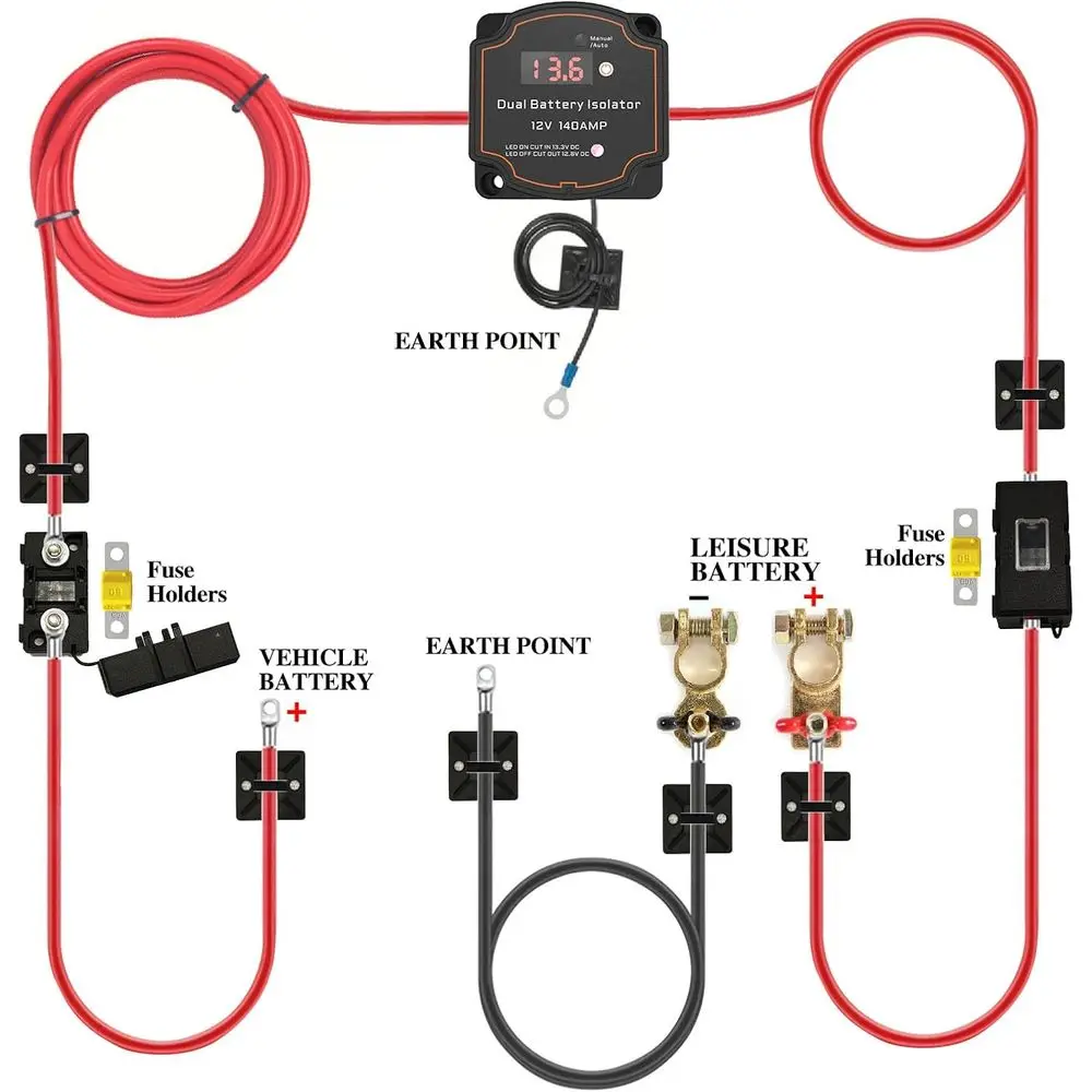 عازل بطارية 12 فولت مع طقم كابل 16.4 قدم 7AWG، طقم مرحل شحن سبليت 140 أمبير، مرحل تحسس الجهد، عازل ذكي تلقائي وات #2