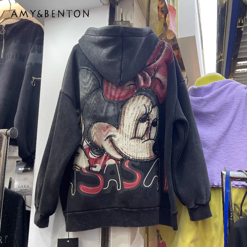 

Trendy Heavy Industry Cartoon Fleece-Lined Hooded Cardigan Loose Fit Sweatshirt Women's Autumn Winter Kawaii Long-sleeves Jacket