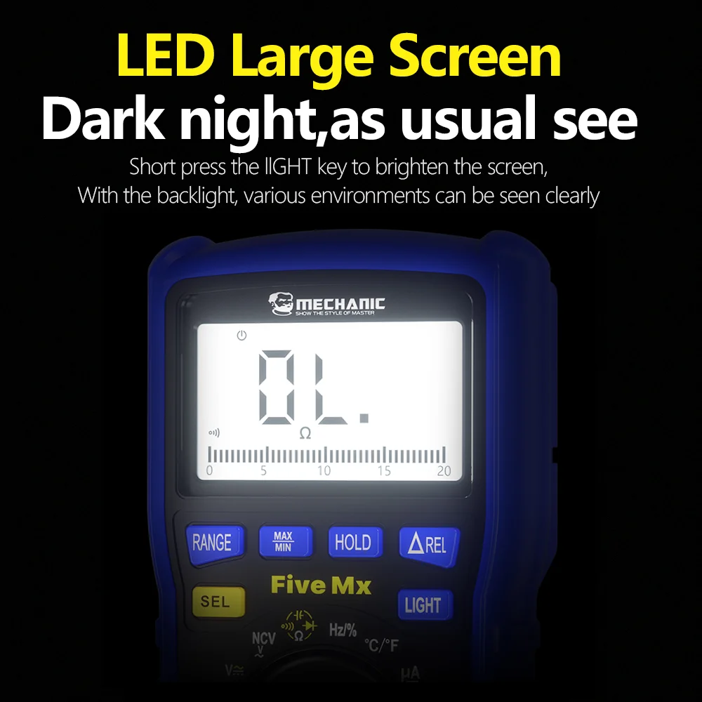 MECHANIC Multímetro Digital Multifunción Alta Precisión RMS Verdadero 20000 Cuentas Voltaje CA/CC Corriente Capacitancia Ohm Hz Detector NCV