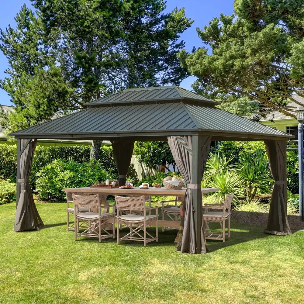 

Domi 10'x14' Hardtop Gazebo, Outdoor Metal Gazebo with Galvanized Steel Double Roo, Curtains & Netting, Permanent Pavilion or Pa