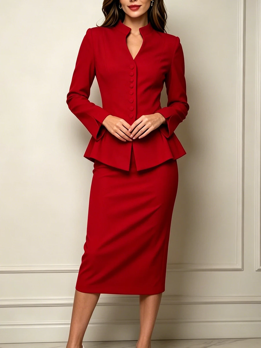 

LIMO Elegant Peplum Blazer & Midi Skirt 2 Piece Set Women Formal Office Suit With Buttons