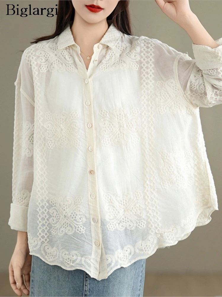 

Oversized Summer Shirts Women Flower Floral Embroidery Fashion Sweet Ladies Blouses Long Sleeve Loose Casual Woman Shirt