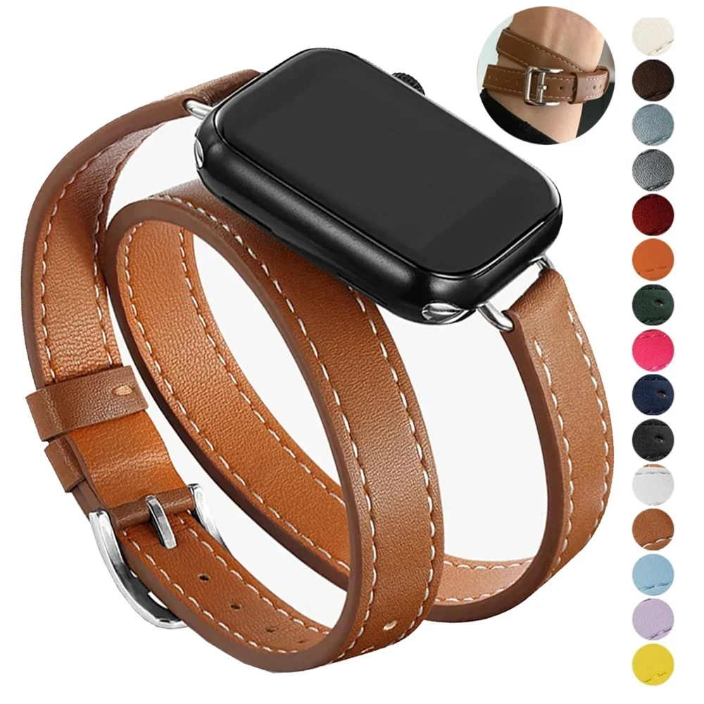

Ремешок для Apple Watch Ultra S10-46 мм 42 мм 49 мм 45 мм 44 мм 38 мм 40 мм кожаный ремешок с двойным туром Iwatch Series 10 9 8 7 6 Se Correa