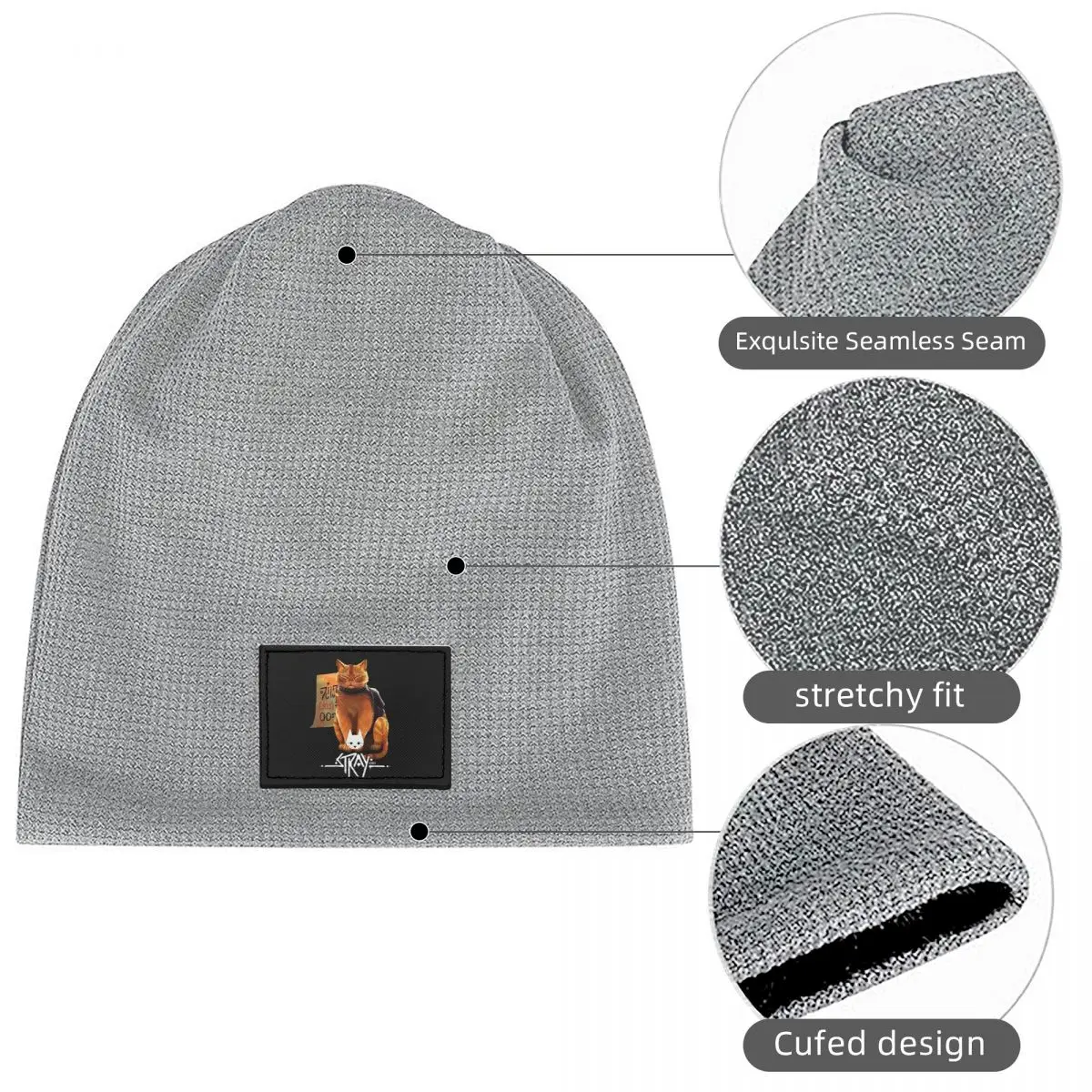 Stray Cat Game 0 Waffle Knit Fleece Lined Beanie with PU Leather Patch Unisex Warm Winter Soft Cap