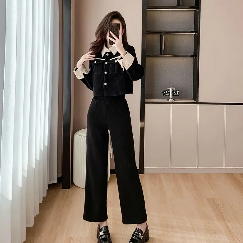 

Solid 2 Piece Sets Office Wear Women 2024 New Fashion Folds Turn Down Collar Blazers Vintage High Waist Pant Suits