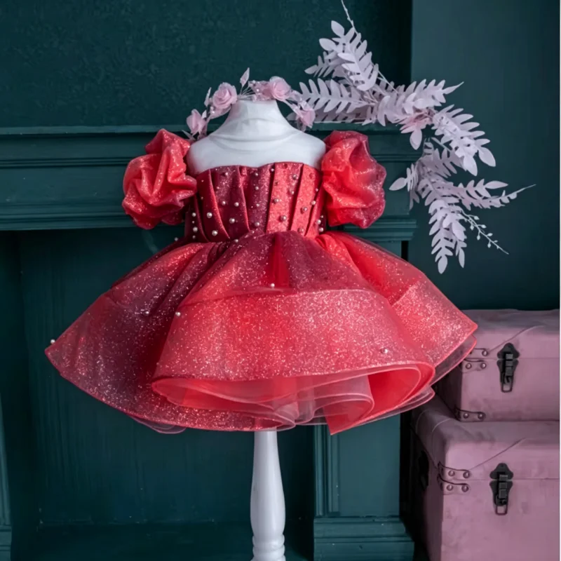 Custom Flower Girl Dress For Wedding Glitter Tulle Puff Short Sleeve Back Bow Birthday Pageant Photo Formal Party Outfit