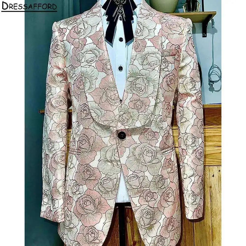 Floral Printing Men Suits Two Pieces Evening Party Blazer Groom Wear Jacket + Pants